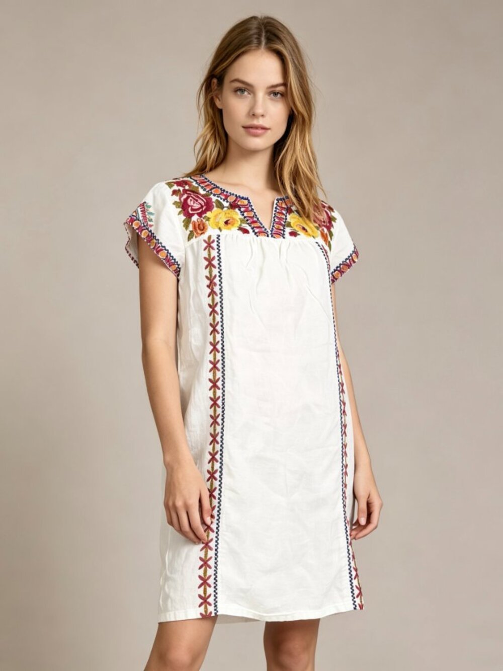 NWOT JOHNNY WAS Linen Embroidered Floral Tunic Dress Boho Chic Sz S
